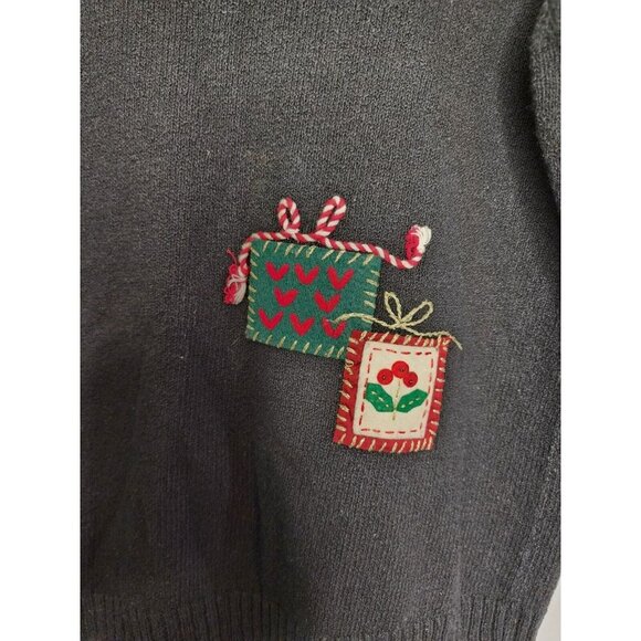 Talbots Ugly Christmas Sweater Cardigan Black Santa Applique Petite Small Ramie - Picture 5 of 8